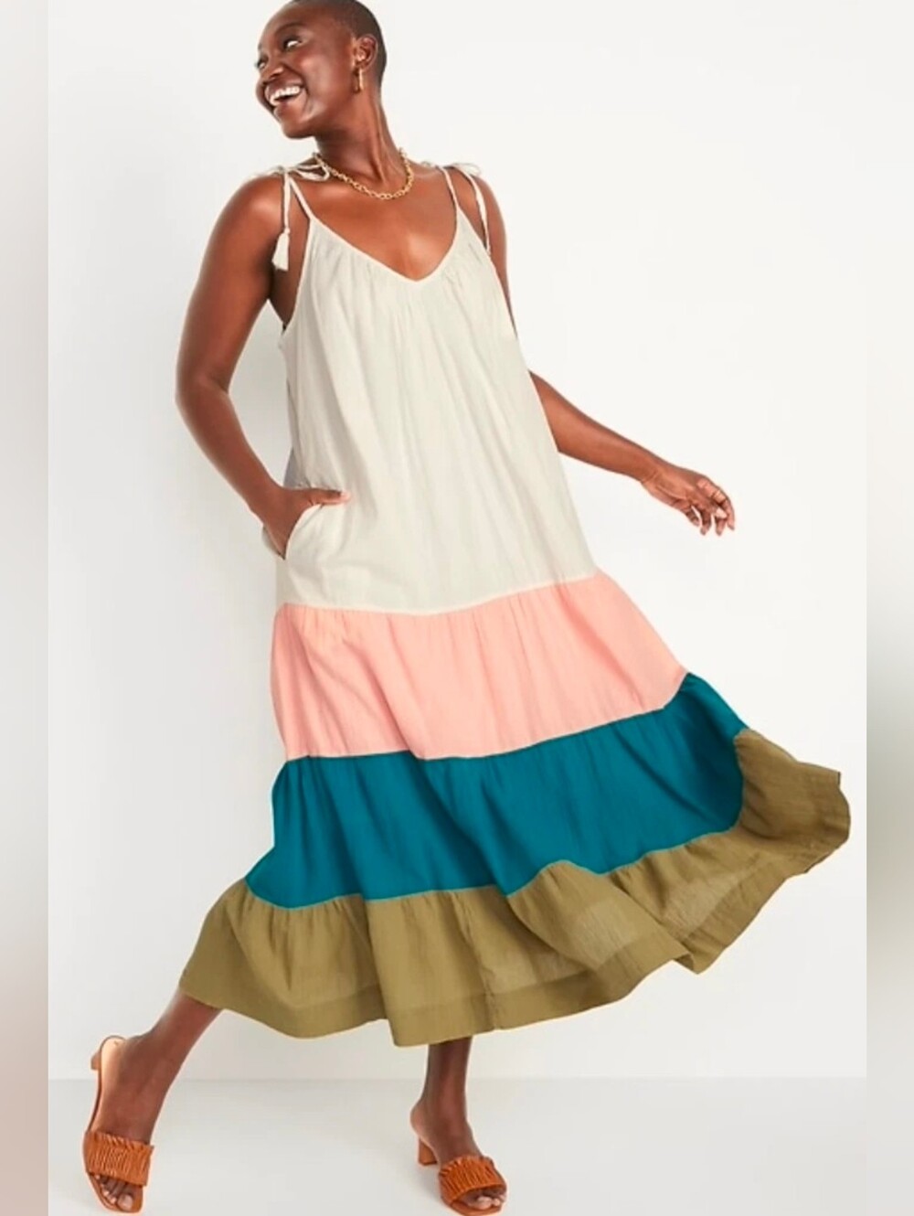 NEW Old Navy Color Block Pink Teal Olive Maxi Tiered Cami Swing Beach Dress XL